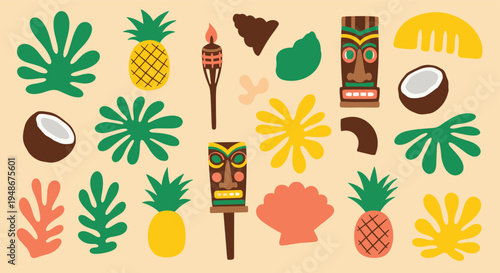 Tropical summer elements collection with tiki masks and exotic fruits