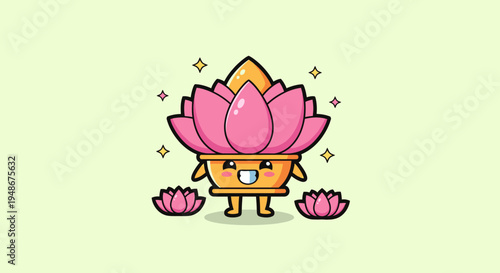 Playful cartoon lotus mascot standing proudly with petals.