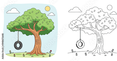Cute cartoon tree with a tire swing in the garden for children coloring page illustration
