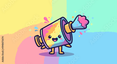 Playful Cartoon Spray Bottle Character In Colorful Scene.