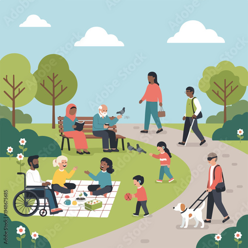 Illustration of a diverse community gathering in a park