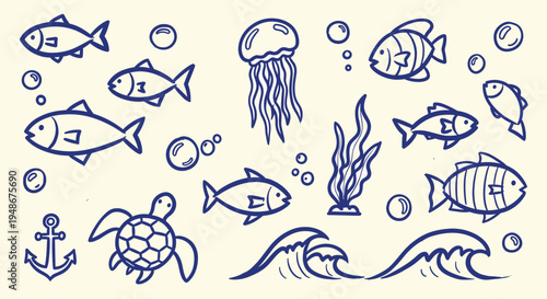 Hand drawn marine life collection with fish turtle and jellyfish