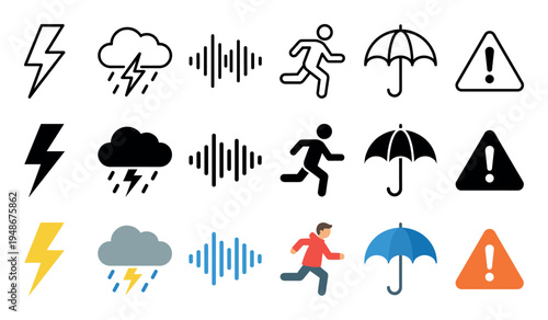 Collection of weather, warning, and emergency icons depicted in outline, solid, and colored styles for various applications.