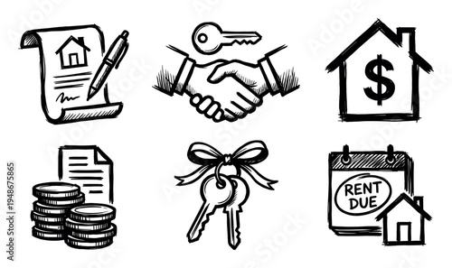 Set of hand-drawn black and white icons depicting various aspects of real estate, property rental, and housing transactions.