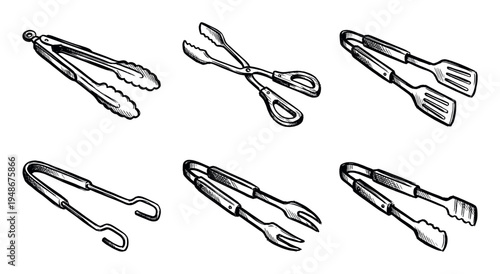 Various hand-drawn kitchen tongs in different styles, perfect for cooking, grilling, and serving food preparation concepts.