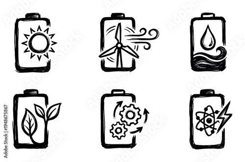 Hand-drawn battery icons illustrate various renewable energy sources and power generation concepts.