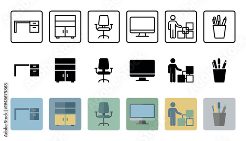Collection of modern office furniture and equipment icons presented in outline, solid, and colored flat design styles for business and workplace concepts.