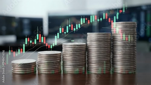 A steady tracking shot of ascending stacks of coins with gentle ambient motion, displaying financial growth through an overlay of vibrant stock market graphs in a cinematic style.