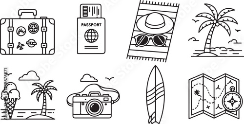 Vacation essentials and tropical getaway illustrations Vector