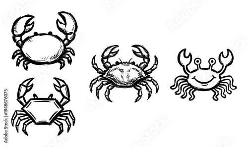 Collection of hand-drawn sketch-style crabs, including realistic and cartoonish designs, illustrating various marine life concepts.