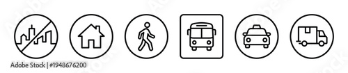 Set of black line art icons representing urban life, transportation, housing, and pedestrian activity for various design applications.