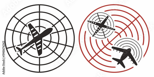 radar targets with airplane icons in circular grid patterns Vector