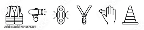 Set of essential safety equipment line icons including a reflective vest, megaphone, flashing lights, seatbelt, hand signal, and traffic cone.