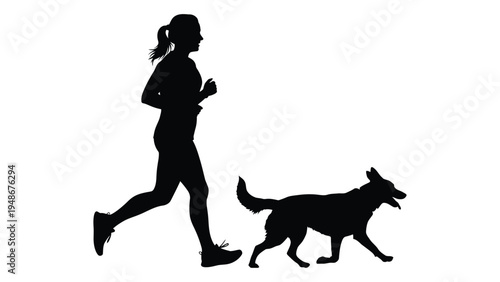 A woman jogging with her energetic dog in a silhouette illustration running side by side in perfect harmony