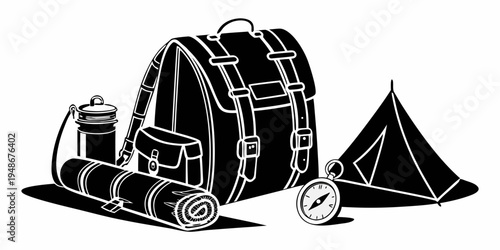 a backpack, tent, sleeping bag, and compass for camping Vector
