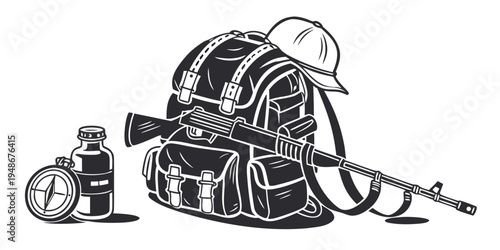 a backpack with a rifle and a helmet on it Vector