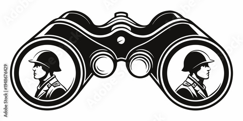 a pair of binoculars with two men looking through them Vector