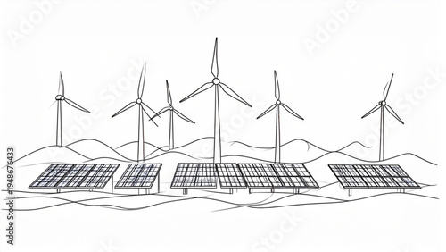 Continuous One Line Renewable Energy Landscape with Solar Panels and Wind Turbines Vector Illustration
