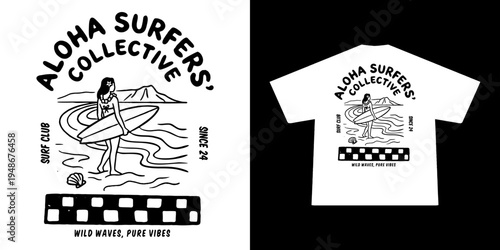Hand-drawn Retro illustration of summer club, surfing Graphic Design for T shirt streetwear and urban style