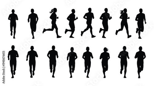 Collection of diverse silhouette runners in various poses and running styles on a white background