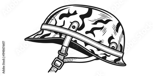 a black and white drawing of a military helmet Vector