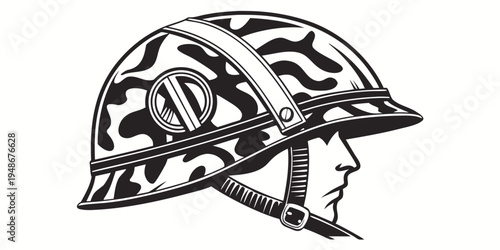 a black and white illustration of a military helmet Vector