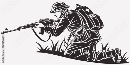 a soldier crouches in grass with a rifle Vector