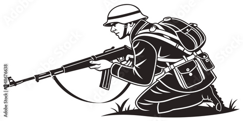 soldier in crouching position aiming rifle Vector