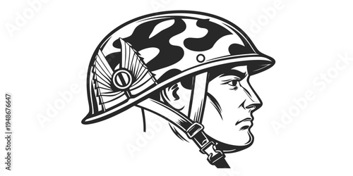 a soldier wearing a camouflage helmet Vector