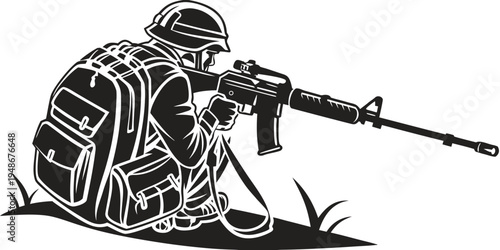 soldier in kneeling position aiming rifle Vector