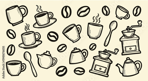 Hand drawn coffee elements pattern with mugs and beans