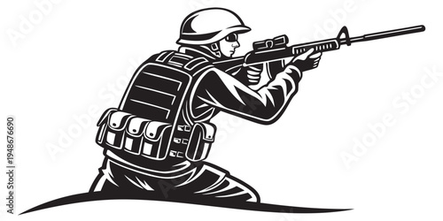 a soldier is aiming a rifle while kneeling on one knee Vector