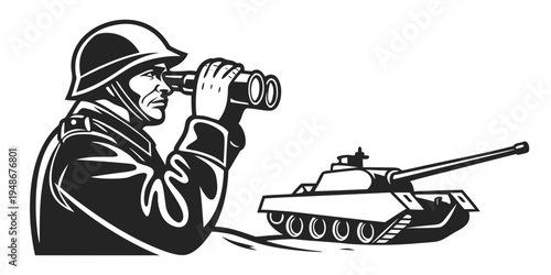 soldier looking through binoculars next to a tank Vector