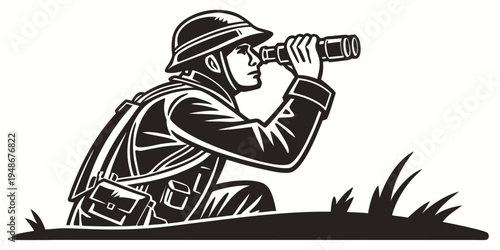 soldier in a crouching position looking through binoculars Vector