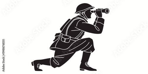 a soldier is looking through a telescope Vector
