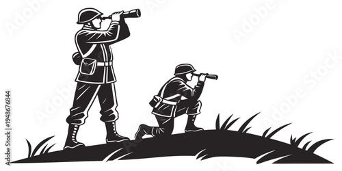 two soldiers using binoculars on a hill Vector