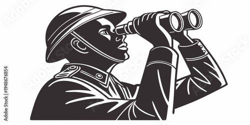 a man in a cap looking through binoculars Vector