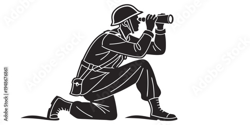 a soldier is kneeling and looking through binoculars Vector