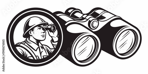 a man wearing binoculars with a magnified view of his face Vector