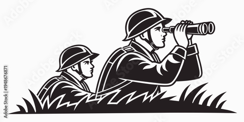 two soldiers in a prone position looking through binoculars Vector