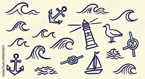 Hand drawn nautical elements set with waves lighthouse anchor and sailboat
