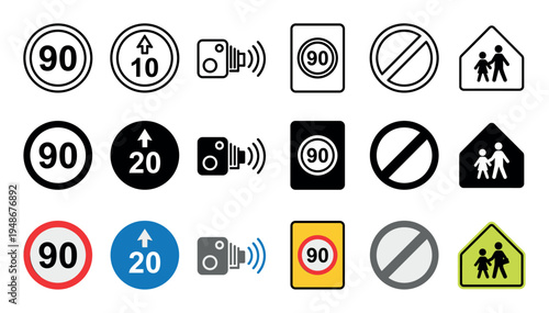 Collection of diverse road signs and traffic symbols including speed limits, speed cameras, and school zone warnings.