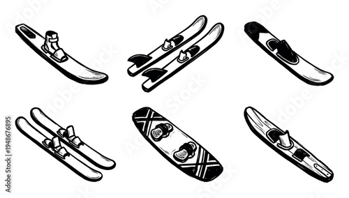 Collection of hand-drawn water skis and a wakeboard, illustrating various types of equipment for water sports.
