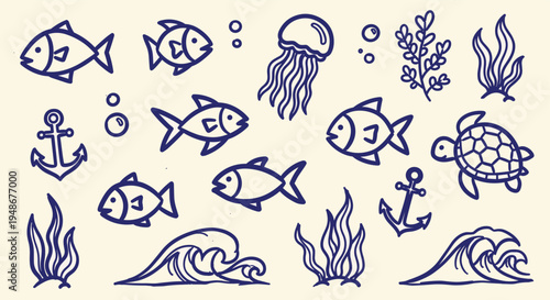 Hand drawn nautical elements set with marine life and ocean icons