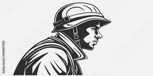 a man wearing a helmet and looking down Vector