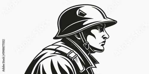 a black and white drawing of a soldier wearing a helmet Vector