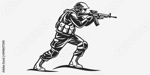 a soldier in combat gear aiming a rifle Vector