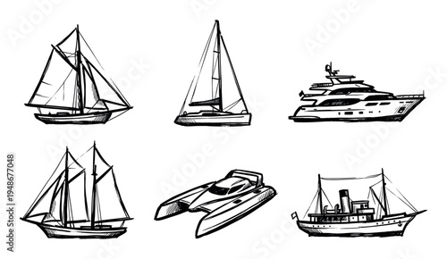 Collection of various hand-drawn watercraft illustrations including sailboats, a yacht, a catamaran, and a classic schooner.