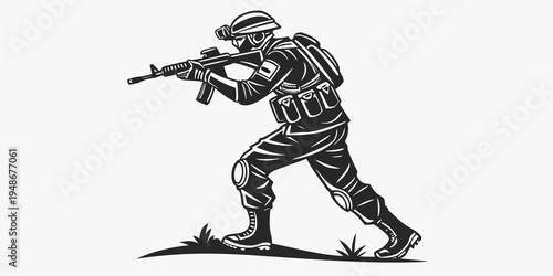a soldier is aiming a rifle while crouched in a tactical stance Vector