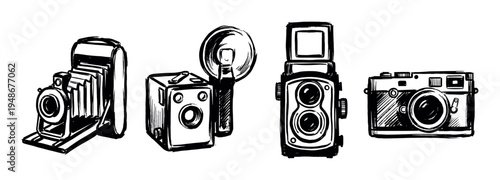 Collection of hand-drawn vintage camera illustrations, showcasing various classic photographic equipment designs in a retro style.